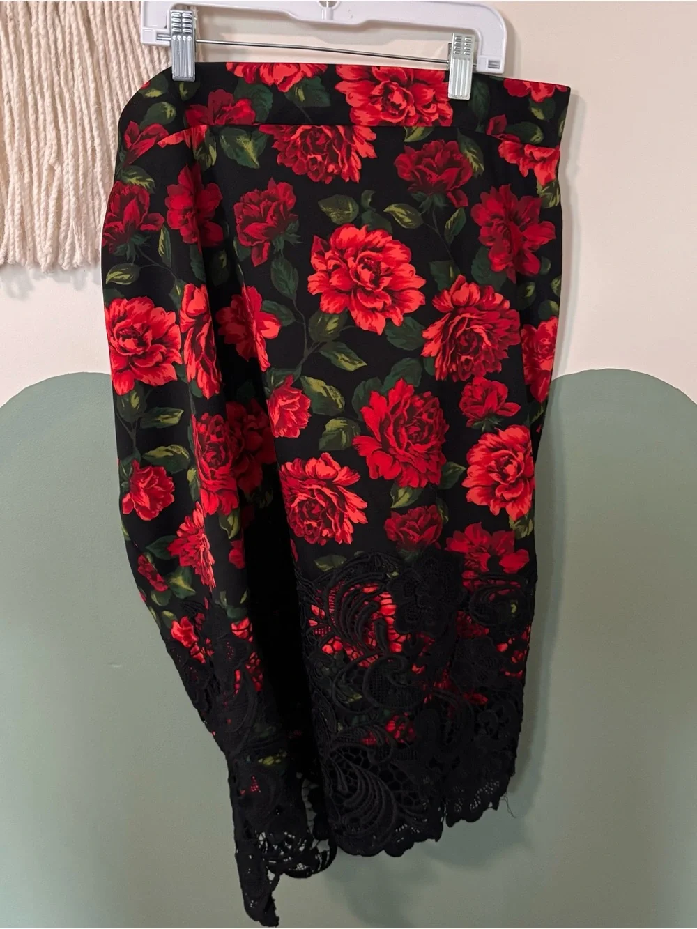 Black Floral Lace-Trim Midi Skirt with Red Roses